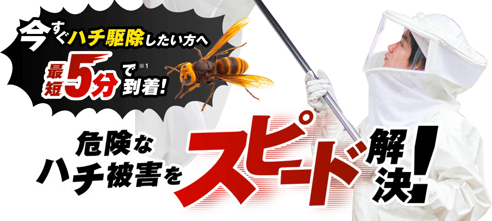 今すぐハチ駆除したい方へ最短5分で到着! 危険なハチ被害をスピード解決!